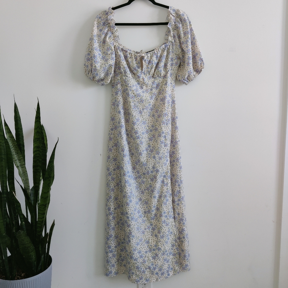 SBETRO Floral Maxi Dress Size M Puff Sleeve Cottagecore Blue Cream
